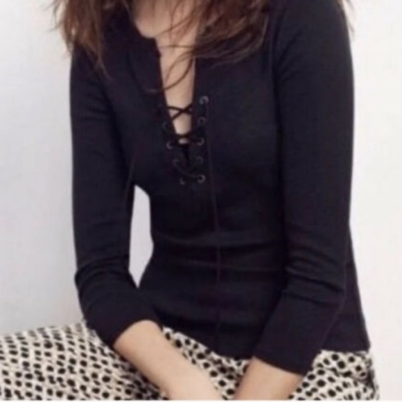 Anthropologie Tops - Anthropologie Deletta V Neck Lace Up Henley black XS